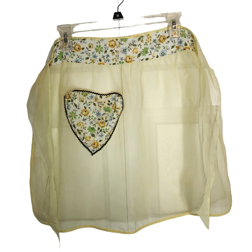 Vintage Yellow sheer 1 print pocket half apron OSFM